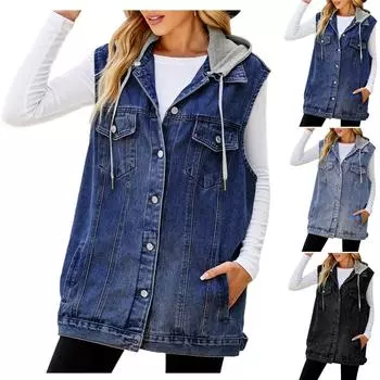 Женская повседневная свободная винтажная джинсовая жилетка с капюшоном L чёрный