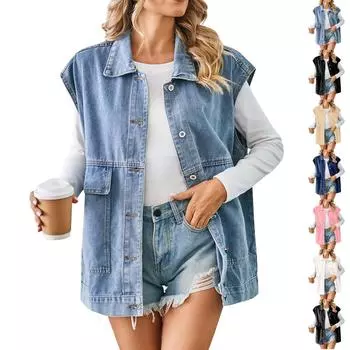 Женская повседневная свободная винтажная джинсовая жилетка с капюшоном L чёрный