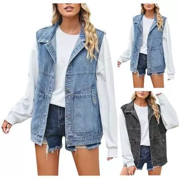 Женская повседневная свободная винтажная джинсовая жилетка с капюшоном L синий