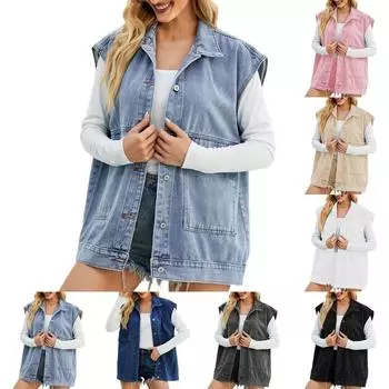 Женская повседневная свободная винтажная джинсовая жилетка с капюшоном XL хаки