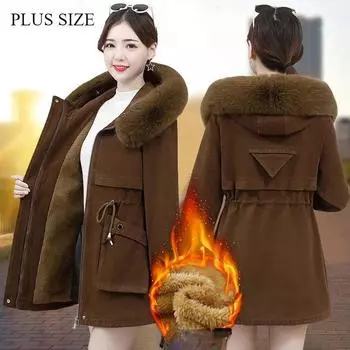 Женская повседневная свободная зимняя одежда средней длины плюс бархатная плотная хлопковая одежда Parker Clothes 2XL чёрный