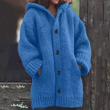 Женская повседневная теплая свободная толстовка с капюшоном на пуговицах, вязаный джемпер, длинные топы, блузка, свитер XL