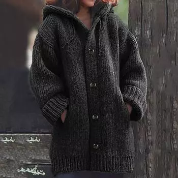 Женская повседневная теплая свободная толстовка с капюшоном на пуговицах, вязаный джемпер, длинные топы, блузка, свитер L чёрный