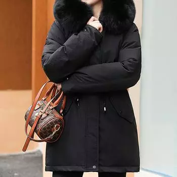 Женская повседневная теплая универсальная куртка из утолщенного хлопка с большим воротником L чёрный