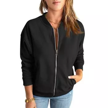 Женская повседневная толстовка, однотонная куртка на молнии, свободное пальто с длинными рукавами и карманом S чёрный