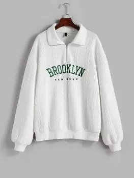 Женская повседневная толстовка-пуловер с вышитыми буквами ZAFUL BROOKLYN NEW YORK на молнии с четвертью и фактурным узором M белый