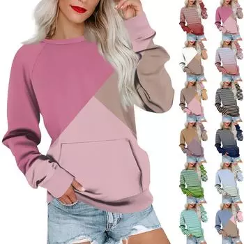 Женская повседневная толстовка с цветными полосками и принтом, свитшот с рукавами-заглушками и карманом L синий