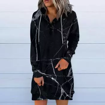 Женская повседневная толстовка с длинным рукавом и шнурком, джемпер с винтажным принтом, платье XXL чёрный