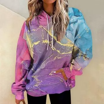 Женская повседневная толстовка с длинным рукавом и принтом из фактурной ткани, свободная, с капюшоном, на шнурке, женская мода, большие карманы S