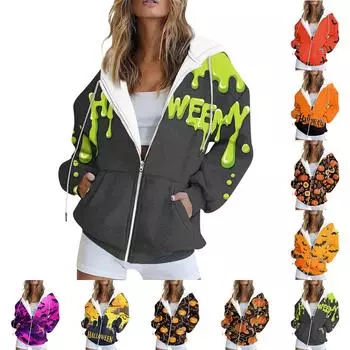 Женская повседневная толстовка с длинным рукавом и принтом Хэллоуина, куртка с карманом и застежкой-молнией, пальто с капюшоном L чёрный