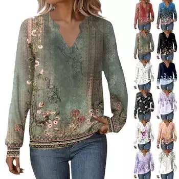 Женская повседневная толстовка с длинным рукавом и V-образным вырезом, винтажный цветочный принт, свободный пуловер L темно-синий