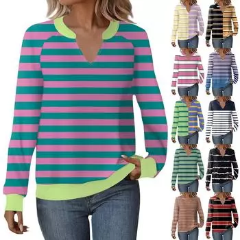 Женская повседневная толстовка с длинным рукавом и V-образным вырезом, полосатый принт в стиле пэчворк, свободный пуловер L чёрный