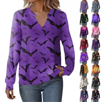 Женская повседневная толстовка с длинным рукавом и V-образным вырезом, свободный пуловер с принтом на Хэллоуин L чёрный