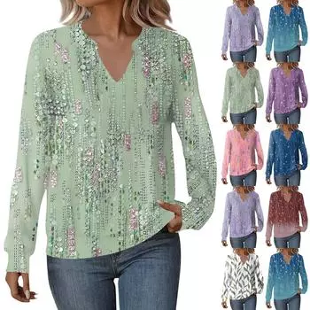 Женская повседневная толстовка с длинным рукавом и V-образным вырезом, винтажный цветочный принт, свободный пуловер L синий