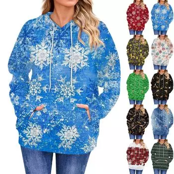 Женская повседневная толстовка с длинным рукавом и принтом «Снег», свободный пуловер с капюшоном M