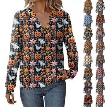 Женская повседневная толстовка с длинным рукавом и V-образным вырезом, свободный пуловер с принтом на Хэллоуин L бежевый