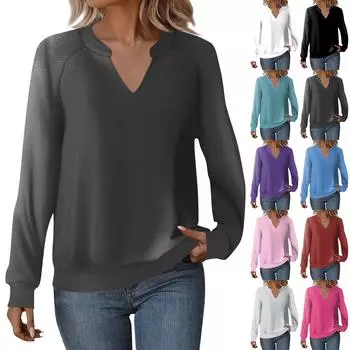 Женская повседневная толстовка с длинным рукавом и V-образным вырезом, однотонный свободный пуловер L чёрный