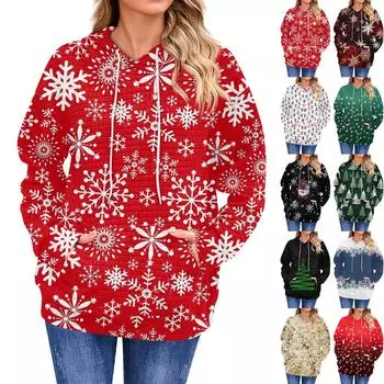 Женская повседневная толстовка с длинным рукавом и принтом «Снег», свободный пуловер с капюшоном XXXL красный