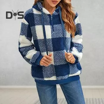 Женская повседневная толстовка с длинным рукавом и клетчатым шнурком, осень-зима, утолщенный теплый плюшевый пуловер, толстовка S черный белый