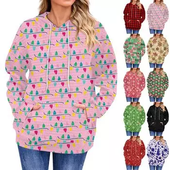 Женская повседневная толстовка с длинным рукавом с принтом, свободный пуловер с капюшоном, рождественская толстовка XXXL розовый