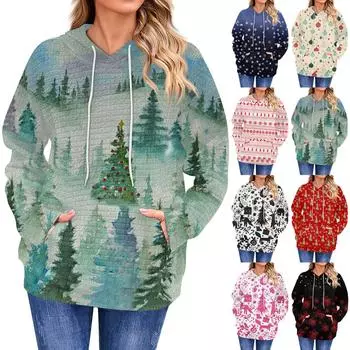 Женская повседневная толстовка с длинным рукавом с принтом, свободный пуловер с капюшоном, рождественская толстовка L чёрный