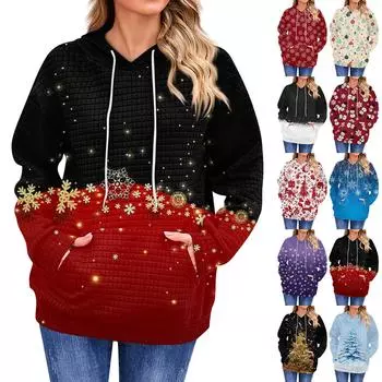 Женская повседневная толстовка с длинным рукавом с принтом, свободный пуловер с капюшоном, рождественская толстовка L