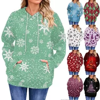 Женская повседневная толстовка с длинным рукавом с принтом, свободный пуловер с капюшоном, рождественская толстовка M