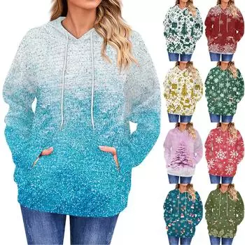 Женская повседневная толстовка с длинным рукавом с принтом, свободный пуловер с капюшоном, рождественская толстовка XXL