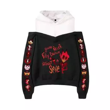 Женская повседневная толстовка с длинными рукавами в стиле хип-хоп с принтом отеля Hazbin, уличные сексуальные толстовки с открытыми плечами, женские XS темно-синий