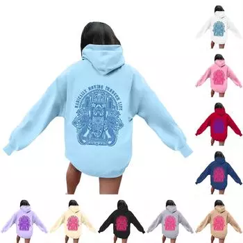 Женская повседневная толстовка с капюшоном и круглым вырезом, длинными рукавами и принтом L чёрный