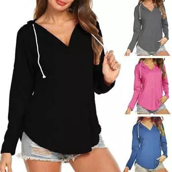 Женская повседневная толстовка с капюшоном и v-образным вырезом, пуловер с длинными рукавами и длинными рукавами, однотонный свободный крой 2XL чёрный