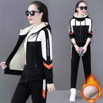 Женская повседневная толстовка с капюшоном на молнии и брюки из бархата, домашняя одежда, зимний утепленный спортивный костюм из овечьей шерсти, женский комплект из двух предметов XXXXL чёрный