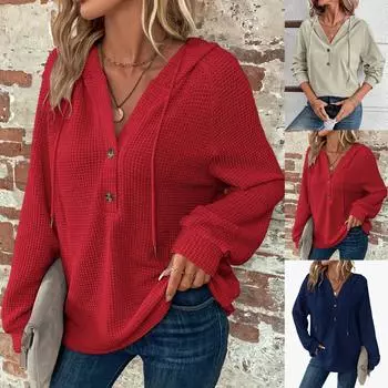 Женская повседневная толстовка с капюшоном, полупуговицей, рукавами реглан и кулиской M синий