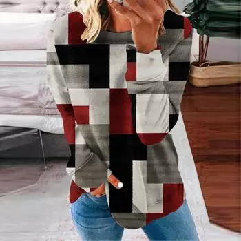 Женская повседневная толстовка с капюшоном с геометрическим принтом, модные толстовки с длинными рукавами и круглым вырезом, женские толстовки с капюшоном, женские осенние топы S