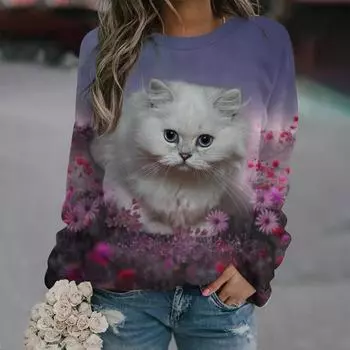 Женская повседневная толстовка с капюшоном с принтом кошек, толстовки с длинными рукавами, толстовка с круглым вырезом, женские толстовки с капюшоном, женские осенние топы S