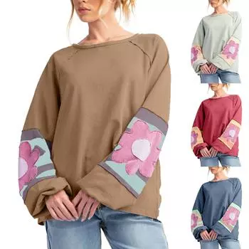 Женская повседневная толстовка с круглым вырезом, свободная, с цветными блоками, с длинными рукавами и спущенными плечами, модная толстовка L синий