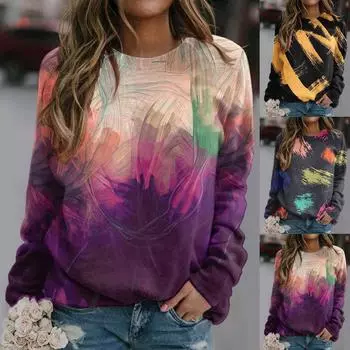 Женская повседневная толстовка с принтом в стиле тай-дай с градиентным принтом и длинными рукавами, повседневная толстовка с капюшоном без капюшона S
