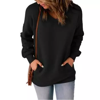 Женская повседневная толстовка с v-образным вырезом, свободные мягкие пуловеры с длинными рукавами, однотонные рубашки с боковыми карманами L чёрный