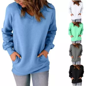 Женская повседневная толстовка с v-образным вырезом, свободные мягкие пуловеры с длинными рукавами, однотонные рубашки с боковыми карманами XXL чёрный