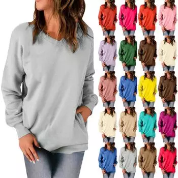 Женская повседневная толстовка с v-образным вырезом, свободные мягкие пуловеры с длинными рукавами, однотонные рубашки с боковыми карманами XXXL верблюд