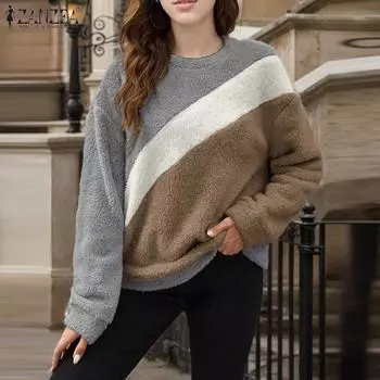 Женская повседневная толстовка ZANZEA с круглым вырезом и длинными рукавами в стиле пэчворк S розовый