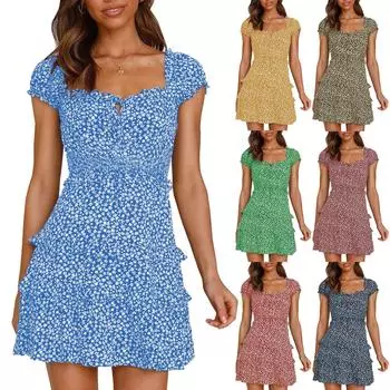 Женская повседневная трехслойная плиссированная юбка с цветочным принтом и высокой талией, короткое платье на шнуровке XXL синий