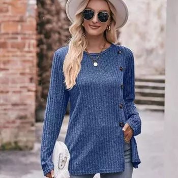 Женская повседневная трикотажная блузка с круглым вырезом и длинным рукавом с разрезом подол S чёрный