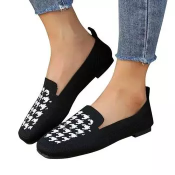 Женская повседневная трикотажная обувь с квадратным носком и плоской подошвой, мягкая и легкая, большого размера, повседневная обувь, сандалии на платформе 35 чёрный