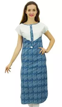 Женская повседневная туника Bimba, длина до середины икры, хлопковая, с прямым принтом, Kurti Kurta, индиго, 10 индиго