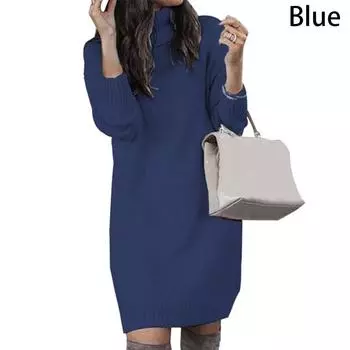 Женская повседневная туника с длинным рукавом, водолазка, вязаный пуловер, свободное платье на осень и зиму S синий