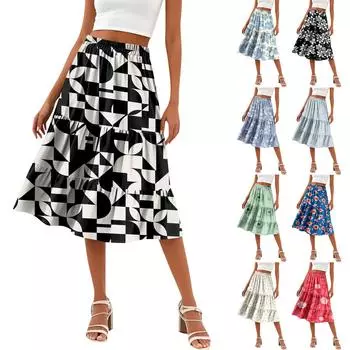 Женская повседневная юбка А-силуэта с высокой талией, юбка в полоску с принтом в горошек и карманами L бежевый