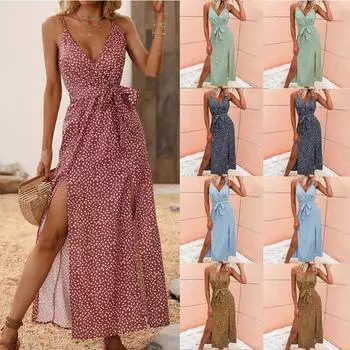 Женская повседневная юбка из шифона с открытой спиной и V-образным вырезом с цветочным принтом весной и летом S светло-синий