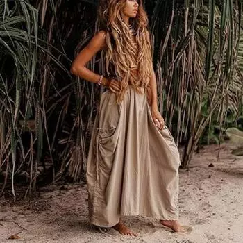 Женская повседневная юбка-полуюбка 2024 года с завязками на завязках, большими карманами, свободная длинная юбка из органического хлопка в стиле бохо S серый