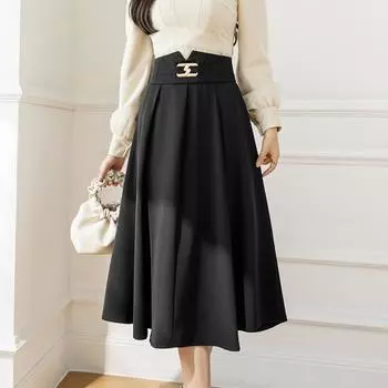 Женская повседневная юбка, весна-лето, простая ретро-модная драпировка, свободная юбка трапециевидной формы средней длины, шикарная элегантная женская тенденция XL чёрный